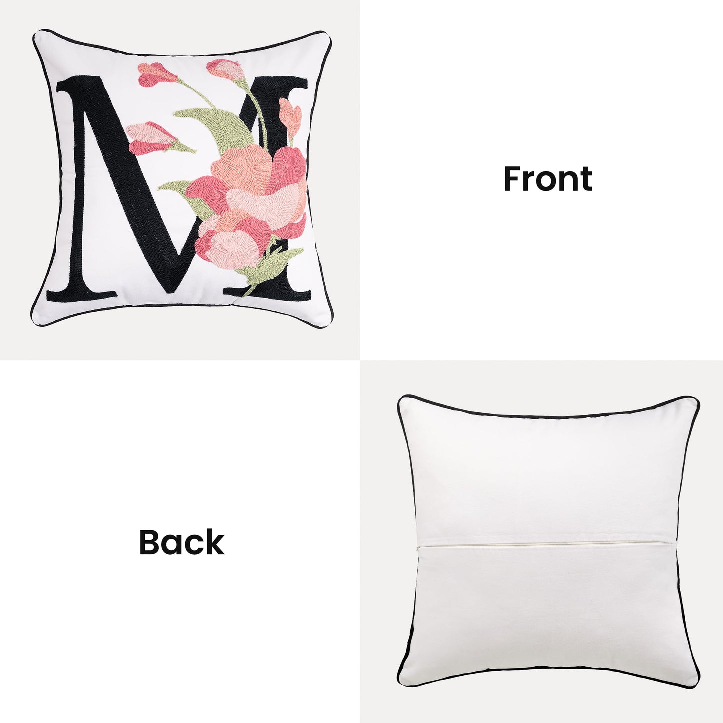 AELS Embroidered Letter Throw Pillow Cover, Chic Modern Botanical Alphabet Cushion Cover with Floral Monogram, 18"x18" Cotton Decorative Pillowcase for Couch, Sofa, Bed, or Living Room Decor, Letter A