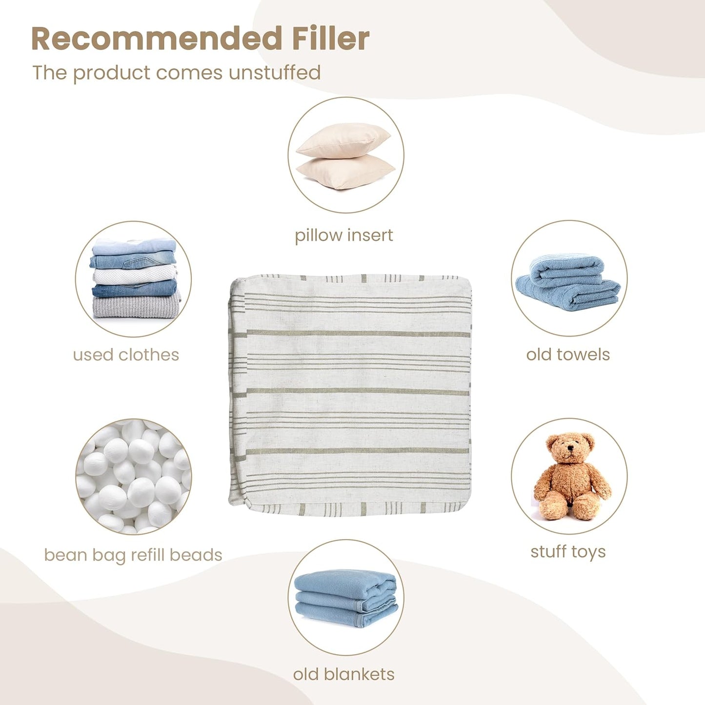 AELS Unstuffed Farmhouse Pouf Cover for Living Room, Storage Bean Bag Cubes, Off Beige & Light Brown Stripes Linen Square Ottoman Pouf Foot Rest Footstool, 18"x18"x18", Cover ONLY