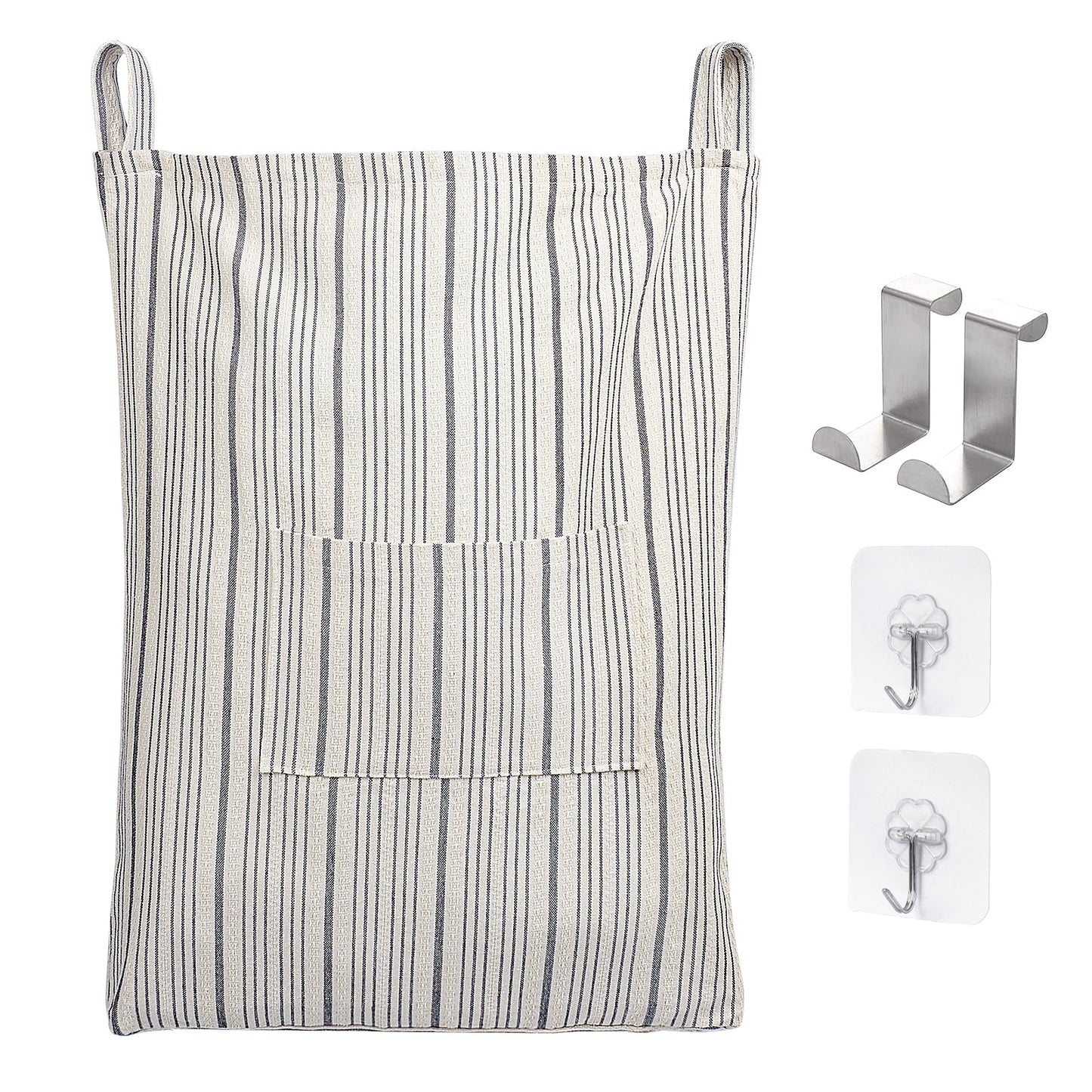 AELS Farmhouse Hanging Laundry Hamper with 2 Hooks, Washable Beige & Stripes Laundry Bag with Zipper & Wide Open Top, Over the Door Organizer for Dirty Clothes, Space Saving Storage