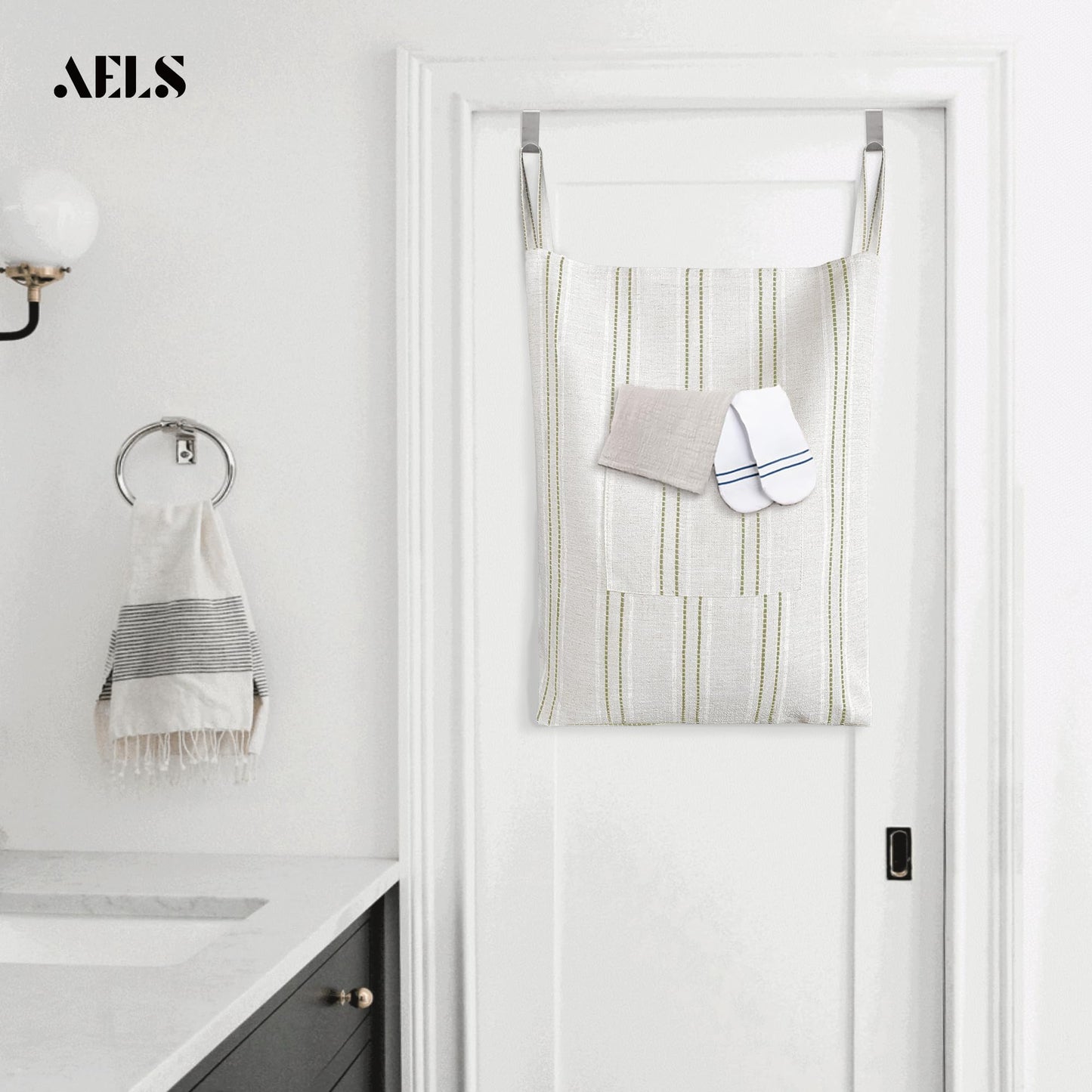 AELS Farmhouse Hanging Laundry Hamper with 2 Hooks, Washable Beige & Stripes Laundry Bag with Zipper & Wide Open Top, Over the Door Organizer for Dirty Clothes, Space Saving Storage
