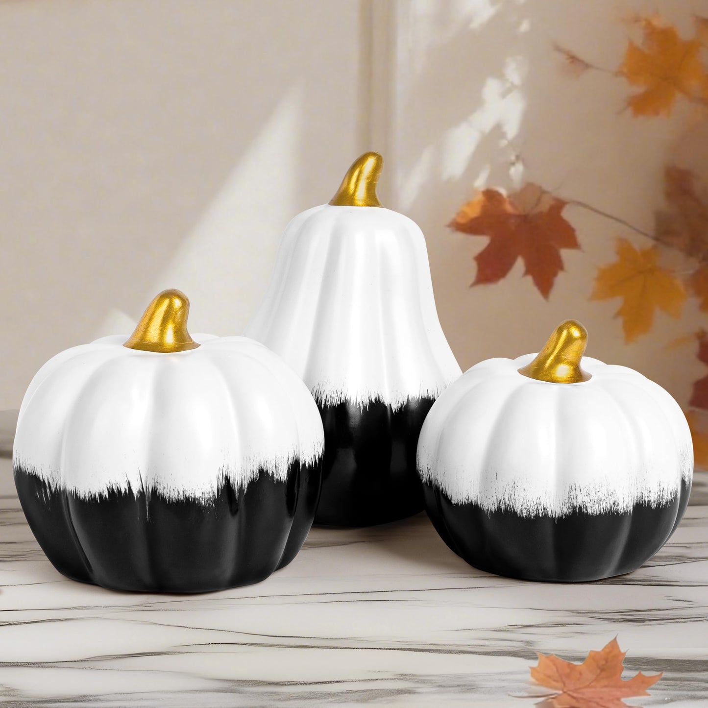 AELS Modern Ceramic Pumpkins Fall Decor Indoor, Set of 3 Chic Tabletop Decorations, Artificial Pumpkins Decor for Fall Table Runner, Office, Holiday Party Home, Black and White