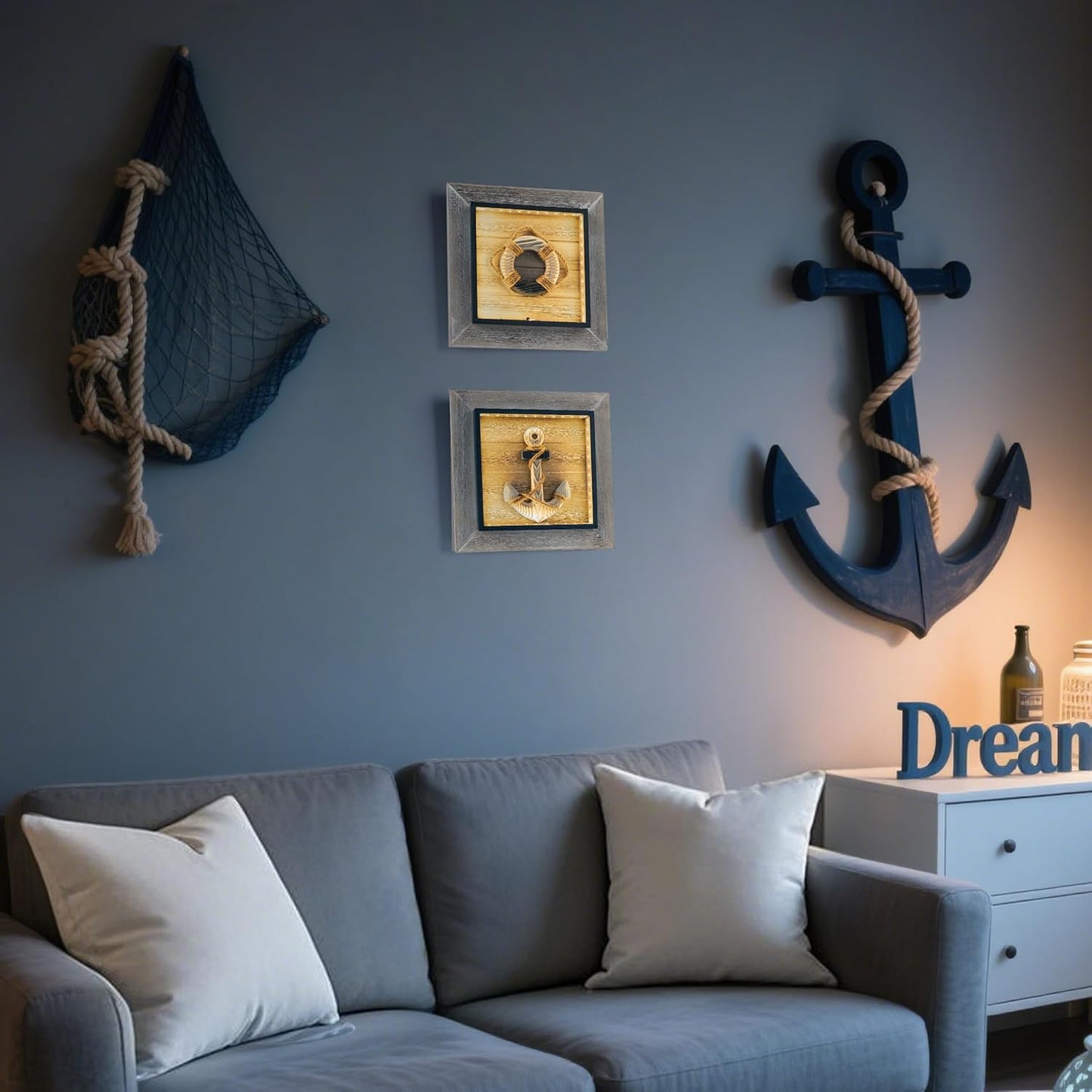 AELS 11.4" Large Wooden 3D Ocean Theme Wall Art Decor with LED Light, Rustic Nautical Wall Decor Framed Set of 2, Farmhouse Coastal Wall Art Sculpture, Shabby Chic Home Decor, Anchor & Life Ring