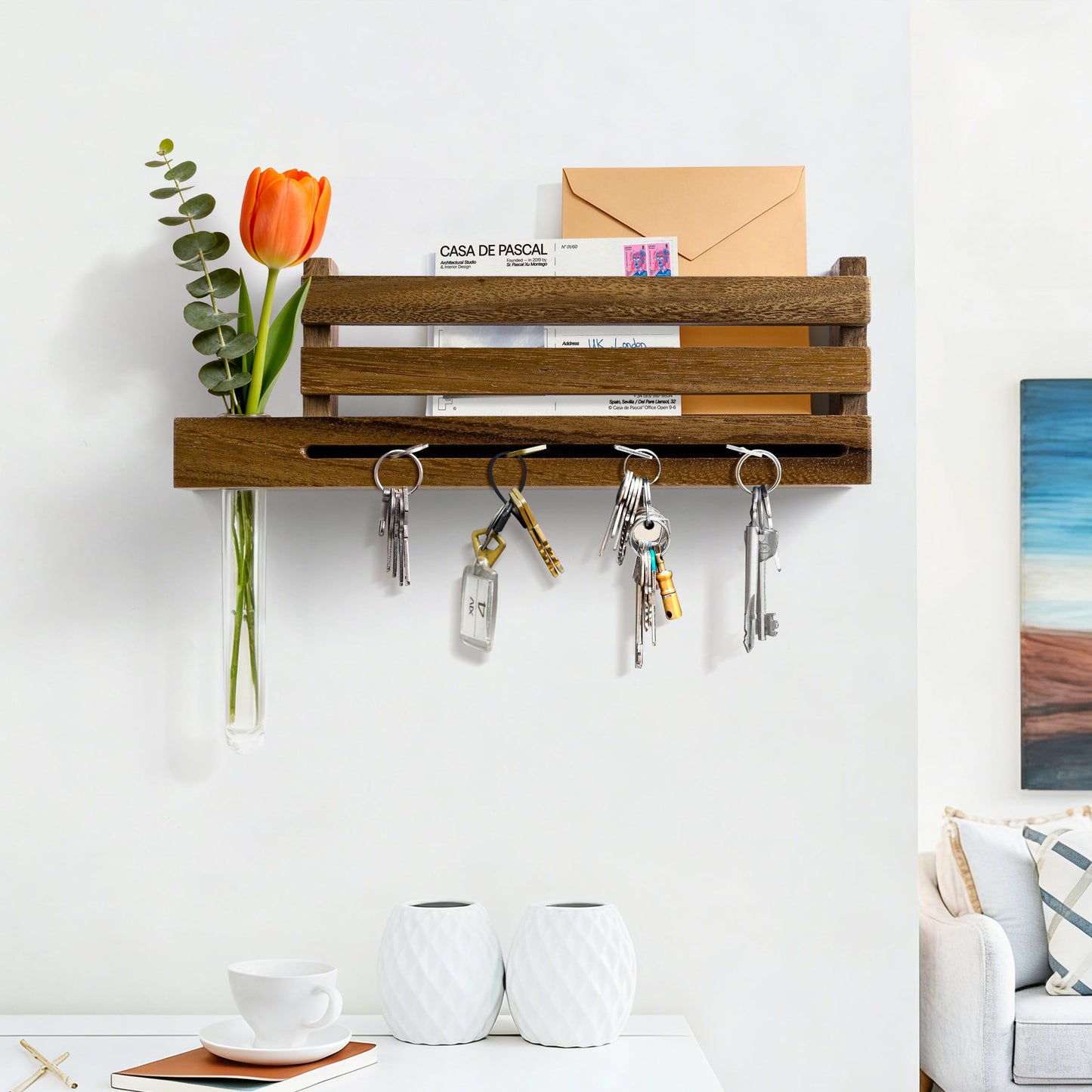 AELS Black Wall Mounted Key Holder with Acrylic Vase & Mail Organizer, Wooden Entryway Key Rack with 5.9" Test Tube Vase, Decorative Key Hanger with Slot for Keys and Letters, Gift Idea