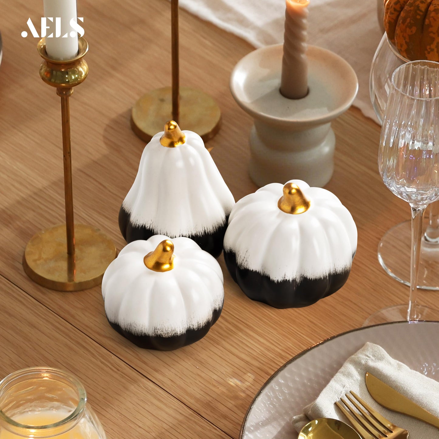 AELS Modern Ceramic Pumpkins Fall Decor Indoor, Set of 3 Chic Tabletop Decorations, Artificial Pumpkins Decor for Fall Table Runner, Office, Holiday Party Home, Black and White