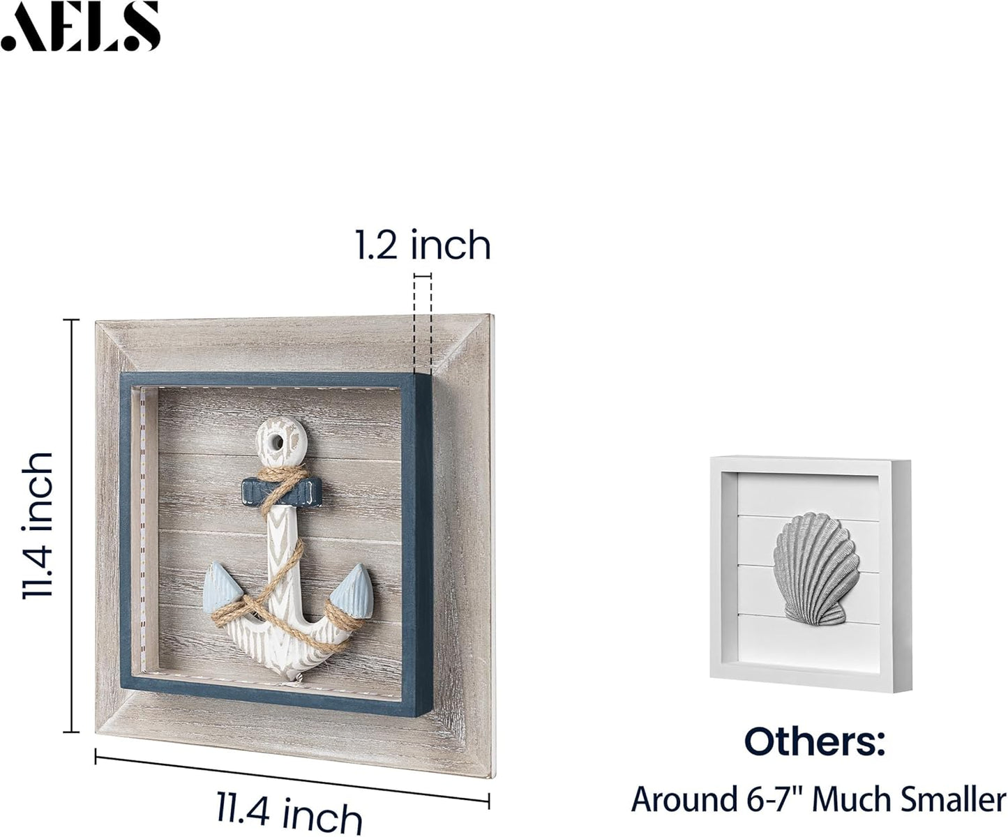AELS 11.4" Large Wooden 3D Ocean Theme Wall Art Decor with LED Light, Rustic Nautical Wall Decor Framed Set of 2, Farmhouse Coastal Wall Art Sculpture, Shabby Chic Home Decor, Anchor & Life Ring