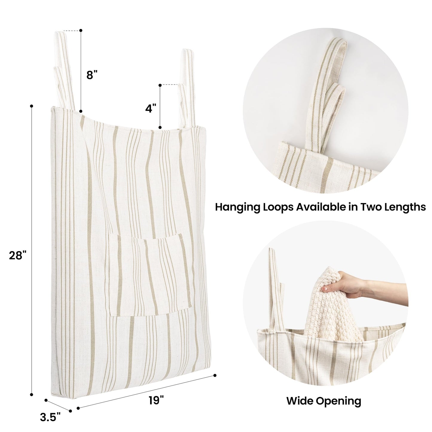 AELS Farmhouse Hanging Laundry Hamper with 2 Hooks, Washable Beige & Stripes Laundry Bag with Zipper & Wide Open Top, Over the Door Organizer for Dirty Clothes, Space Saving Storage