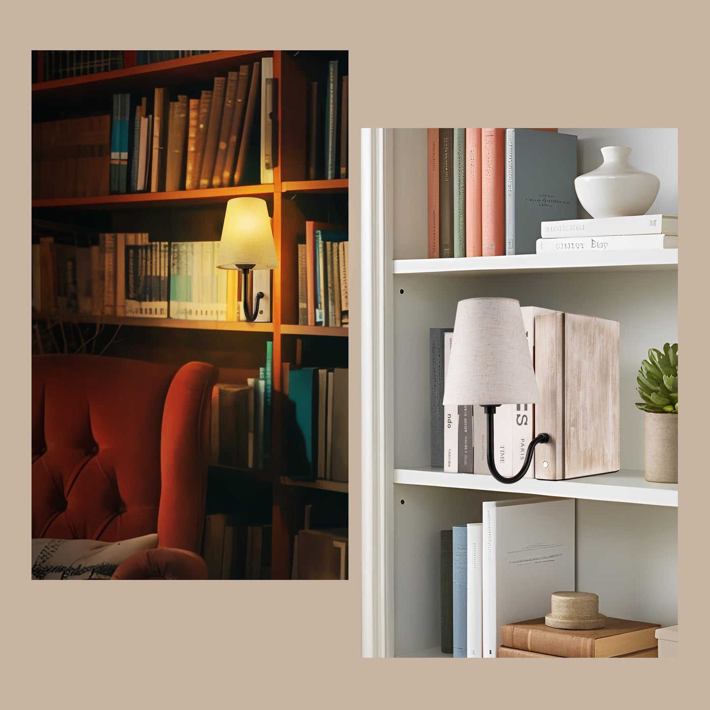 AELS Wooden Bookshelf Lamp with Bulb, Cordless Touch Dimmable Table Lamp with Linen Fabric Shade, Battery Operated, Modern Decorative Bookend, Book Sconce for Office Home Bedroom Bookshelf, Dark Brown