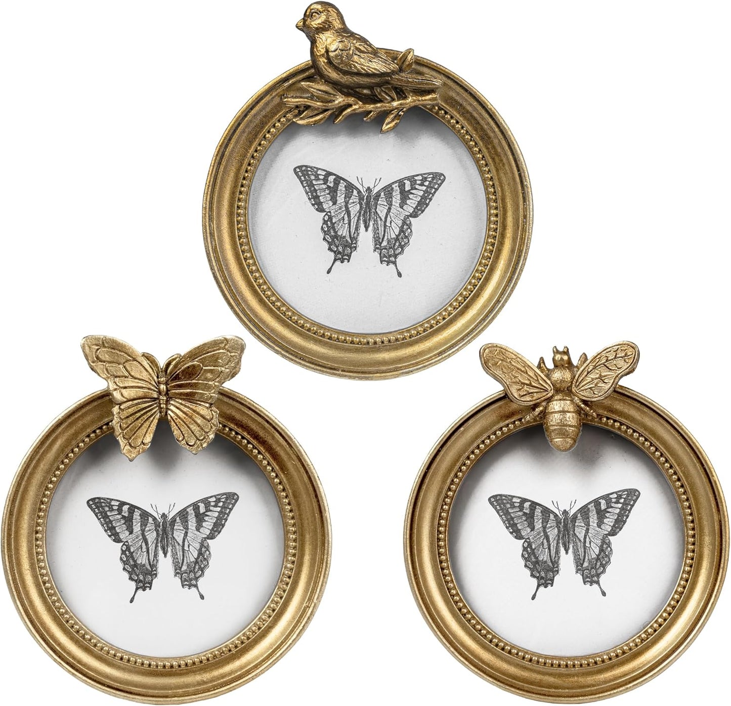 AELS 3.5 Inch Small Vintage Picture Frames Set of 3, Round Antique Photo Frames Set with Glass Front, Photo Display, Tabletop Wall Hanging, Gift Ideas, Golden