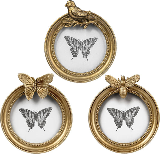 AELS 3.5 Inch Small Vintage Picture Frames Set of 3, Round Antique Photo Frames Set with Glass Front, Photo Display, Tabletop Wall Hanging, Gift Ideas, Golden