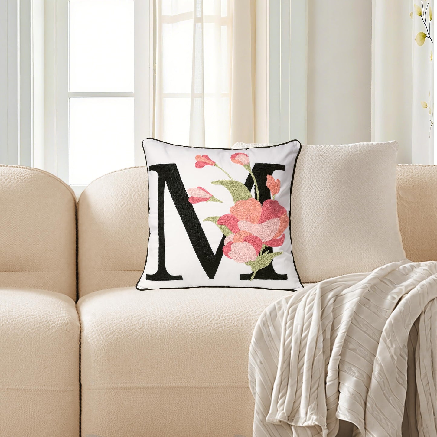 AELS Embroidered Letter Throw Pillow Cover, Chic Modern Botanical Alphabet Cushion Cover with Floral Monogram, 18"x18" Cotton Decorative Pillowcase for Couch, Sofa, Bed, or Living Room Decor, Letter A