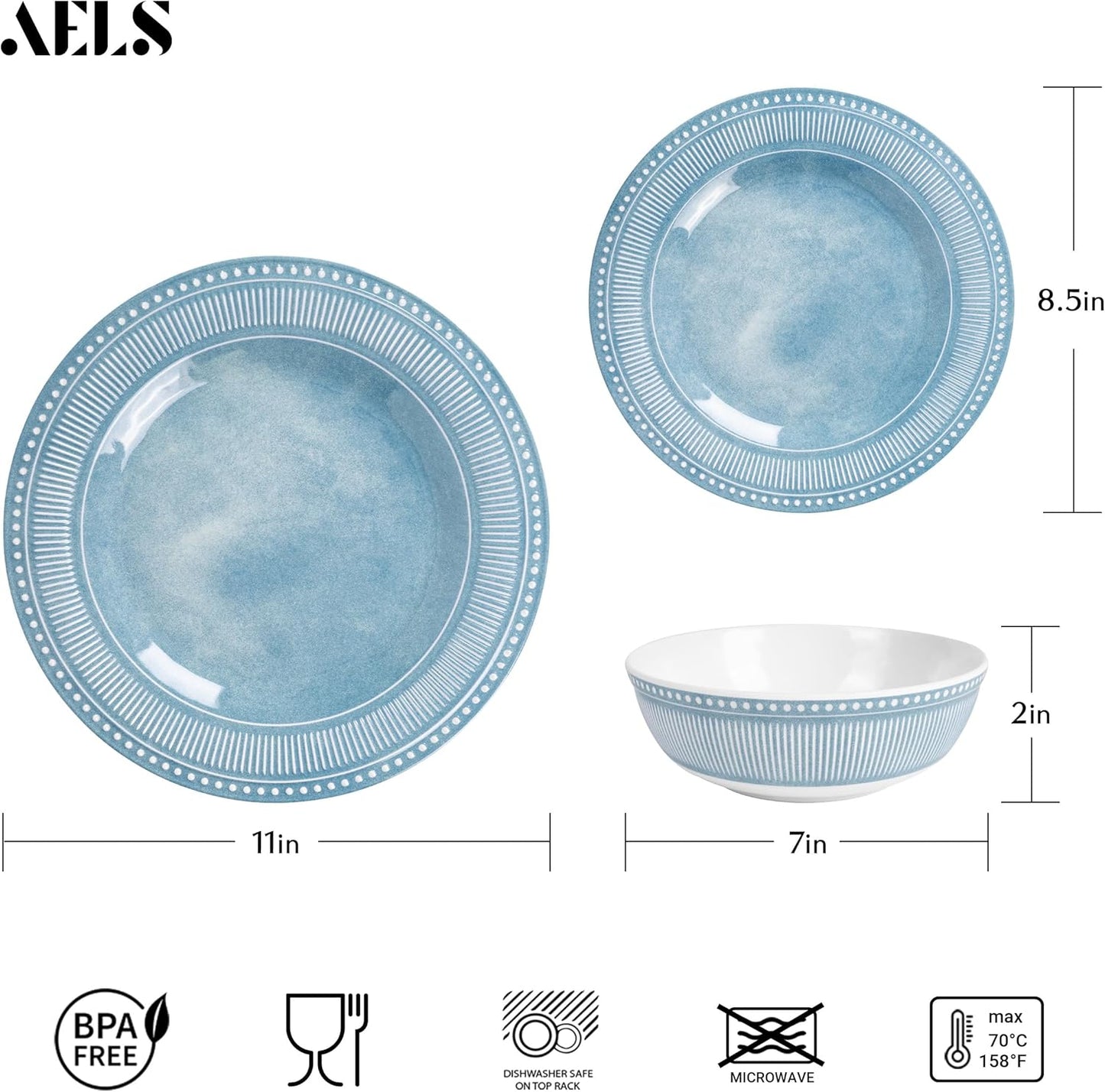 AELS Melamine Dinnerware Set of 12 Pcs, Dinner Dishes Set for Indoor and Outdoor Use, Melamine Plates and Bowls Set for 4, Dishwasher Safe, Lightweight Unbreakable, BPA Free, Blue
