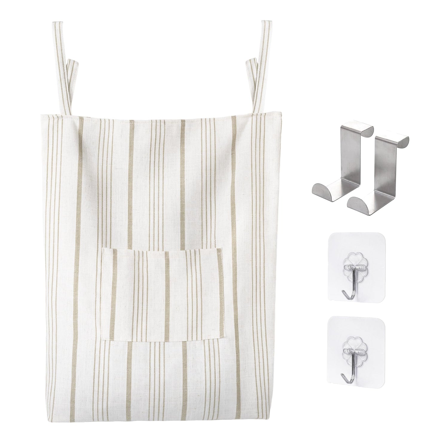 AELS Farmhouse Hanging Laundry Hamper with 2 Hooks, Washable Beige & Stripes Laundry Bag with Zipper & Wide Open Top, Over the Door Organizer for Dirty Clothes, Space Saving Storage