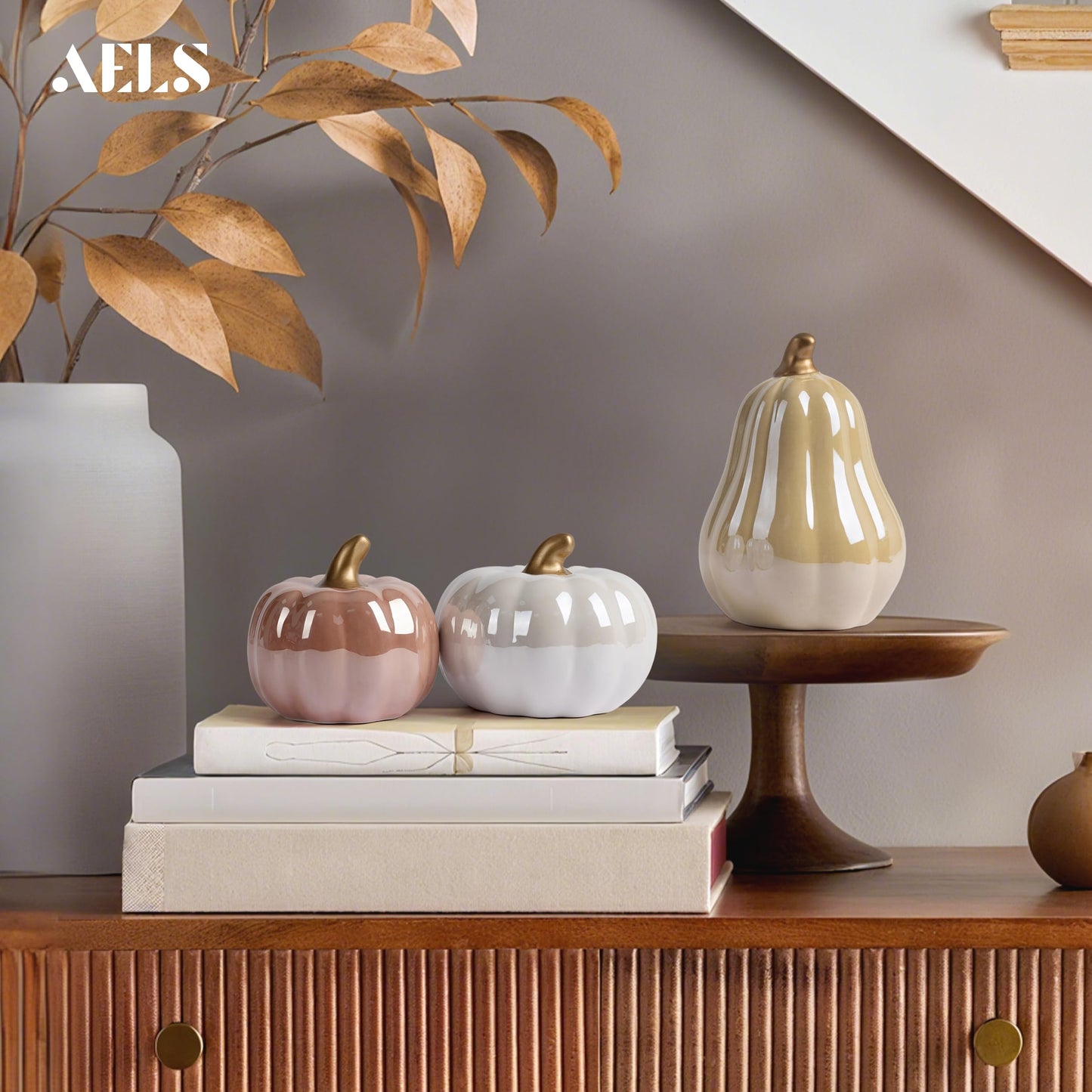 AELS Modern Ceramic Pumpkins Fall Decor Indoor, Set of 3 Chic Tabletop Decorations, Artificial Pumpkins Decor for Fall Table Runner, Office, Holiday Party Home, Black and White