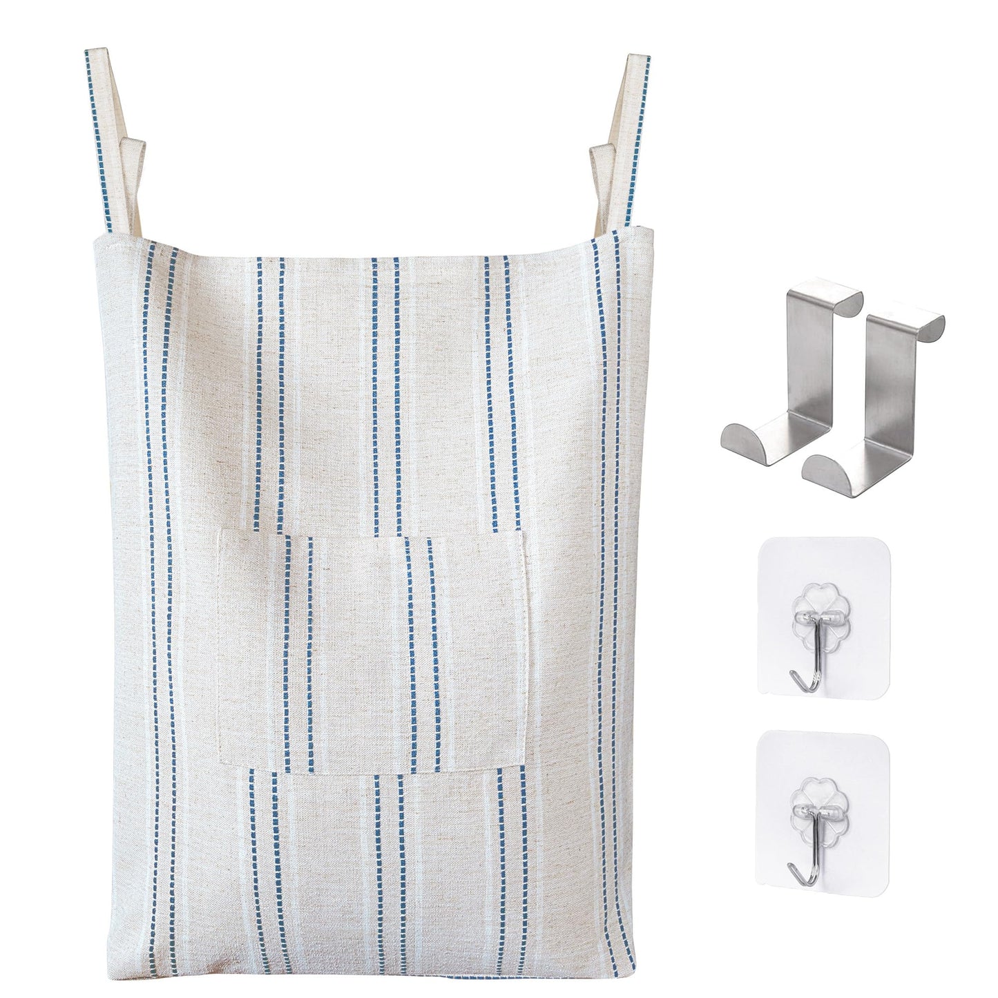 AELS Farmhouse Hanging Laundry Hamper with 2 Hooks, Washable Beige & Stripes Laundry Bag with Zipper & Wide Open Top, Over the Door Organizer for Dirty Clothes, Space Saving Storage