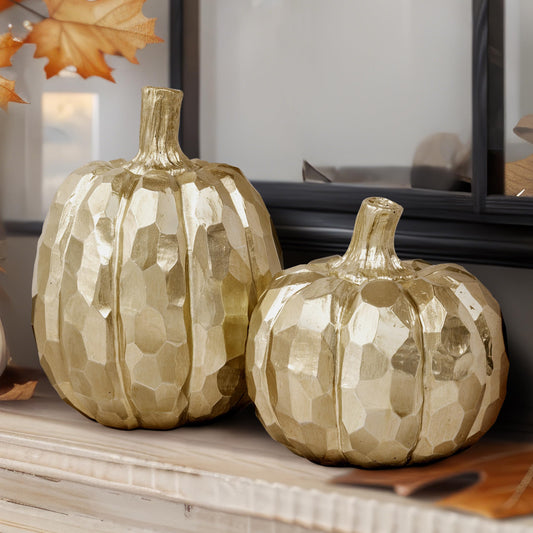 AELS 5.9" Tall Modern Pumpkins Fall Decor Indoor, Set of 2 Elegant Tabletop Decorations, Resin Artificial Pumpkins Decor for Fall Table Runner, Office, Holiday Party Home, Golden