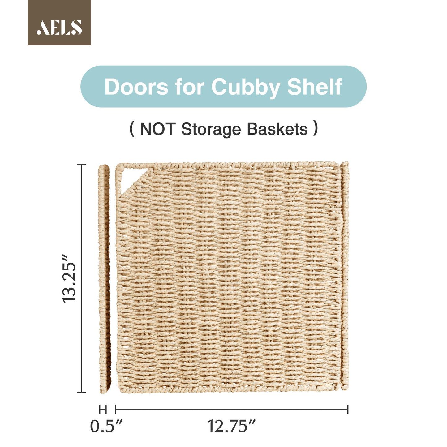 AELS 13" Handwoven Natural Fibre Doors for Cube Storage Shelf, Set of 4, Boho Straw Shelf Cover for Bookcase & Open Bookshelf, Rustic Farmhouse Home Decor, fit IKEA Kallax Shelf, Beige (Door ONLY)