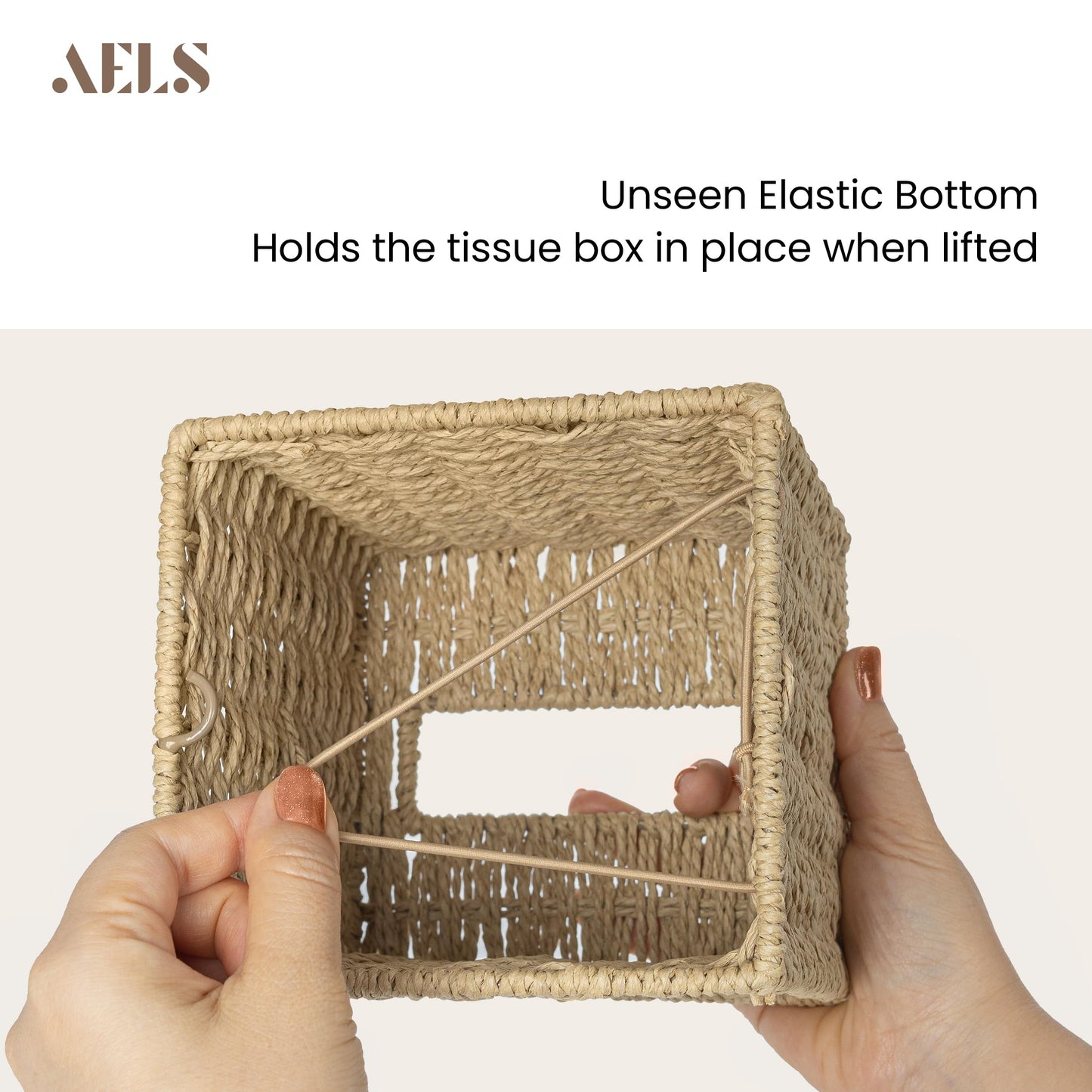 AELS Farmhouse Tissue Box Cover Square, Hand Woven Strawpaper Facial Tissue Paper Holder, Cute Tissue Box Holder Square, Boho Bathroom Decor Box for Tissues Cube Box w/Elastic Bottom, Beige