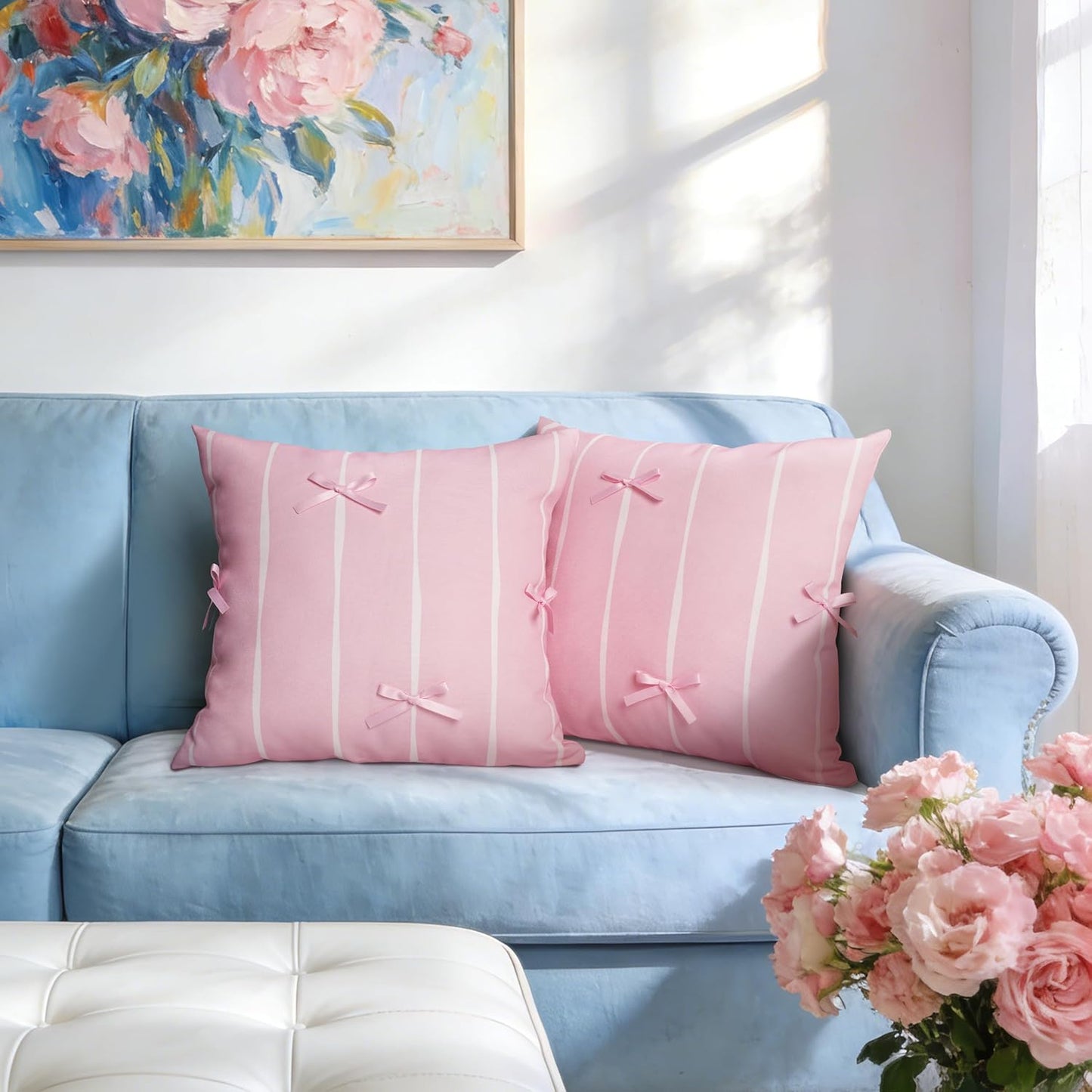 AELS Pink Bow Striped Decorative Valentine Throw Pillow Covers 18x18, Set of 2, Bowknot Pillow Case, Cute Cushion Case for Bed Couch Sofa, Pink and White Stripes, Covers Only