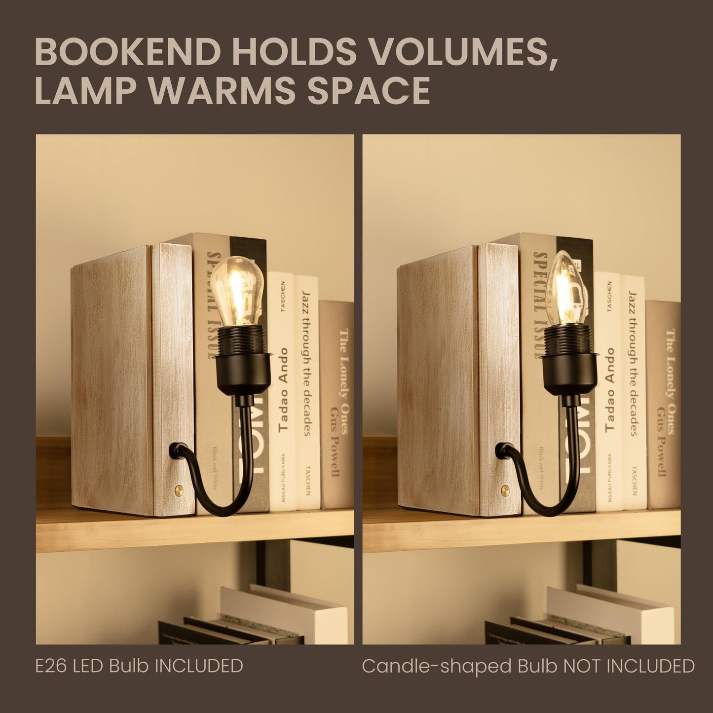 AELS Wooden Bookshelf Lamp with Bulb, Cordless Touch Dimmable Table Lamp with Linen Fabric Shade, Battery Operated, Modern Decorative Bookend, Book Sconce for Office Home Bedroom Bookshelf, Dark Brown