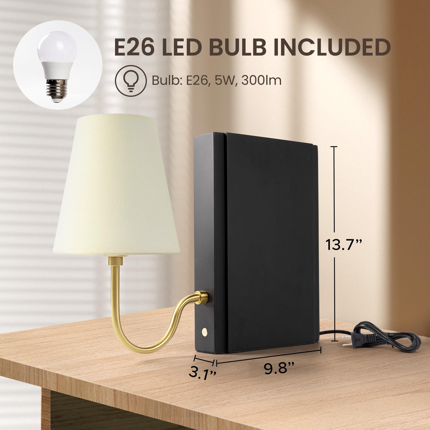 AELS Wooden Bookshelf Lamp with Bulb, Cordless Touch Dimmable Table Lamp with Linen Fabric Shade, Battery Operated, Modern Decorative Bookend, Book Sconce for Office Home Bedroom Bookshelf, Dark Brown