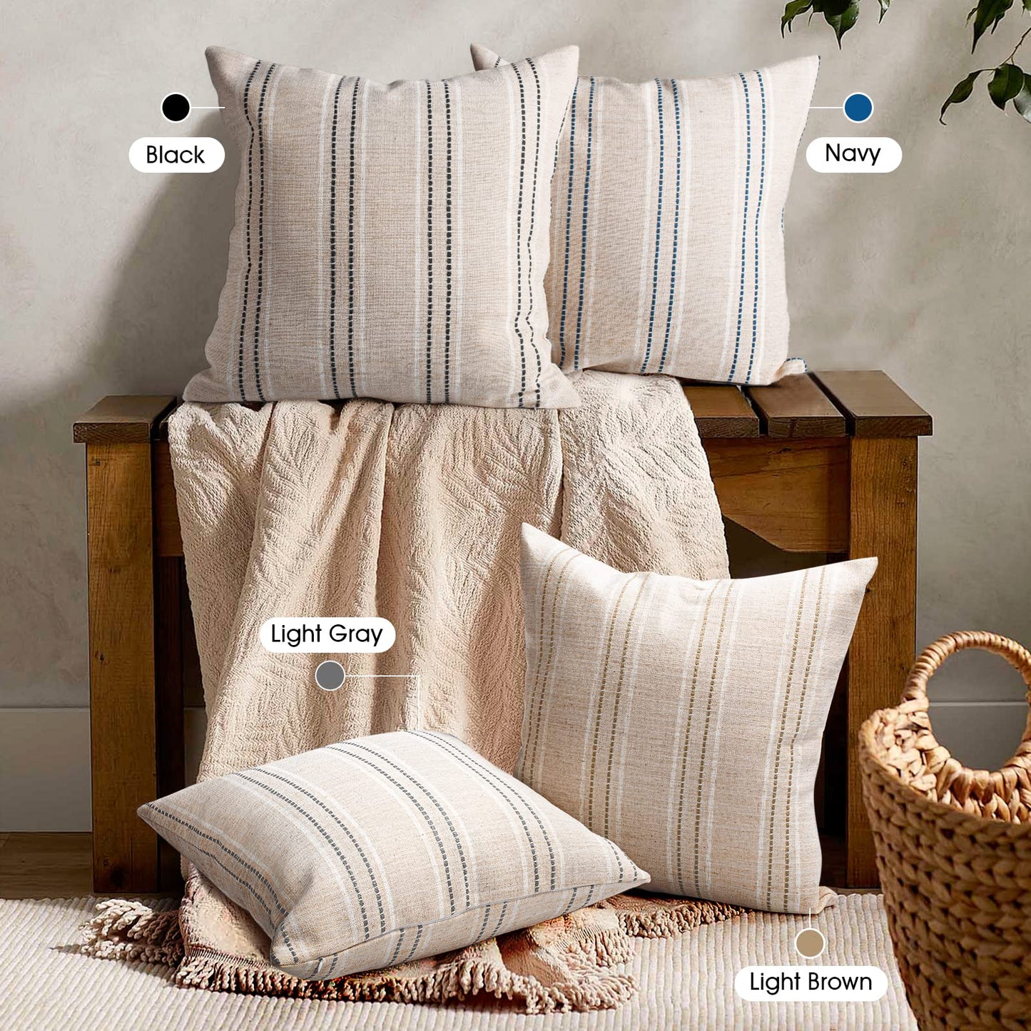 AELS 14x36 Decorative Lumbar Throw Pillow Covers, Farmhouse Linen Textured Long Pillow Case, Beige with White & Navy Blue Stitch Boho Cushion Cover for Couch Living Room (Cover ONLY)