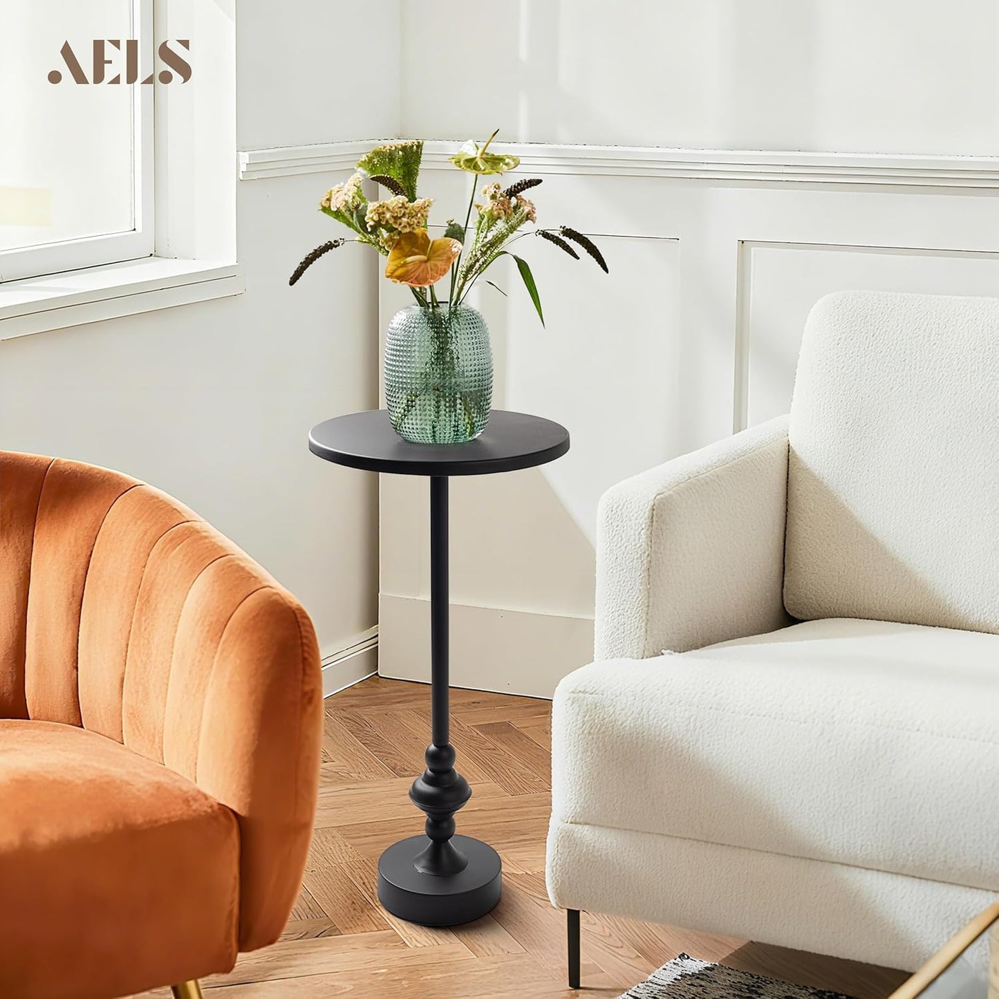 AELS Mid Century Modern Accent Drink Table, 11.8" Round Black Side Table with Metal Top and Base, Small End Table Nightstand for Living Room, Bedroom, Office, or Entryway