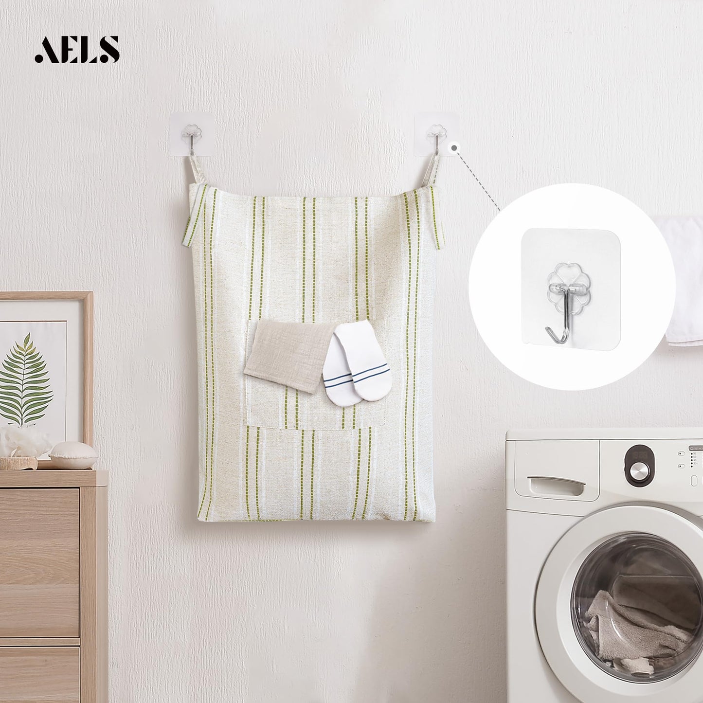 AELS Farmhouse Hanging Laundry Hamper with 2 Hooks, Washable Beige & Stripes Laundry Bag with Zipper & Wide Open Top, Over the Door Organizer for Dirty Clothes, Space Saving Storage