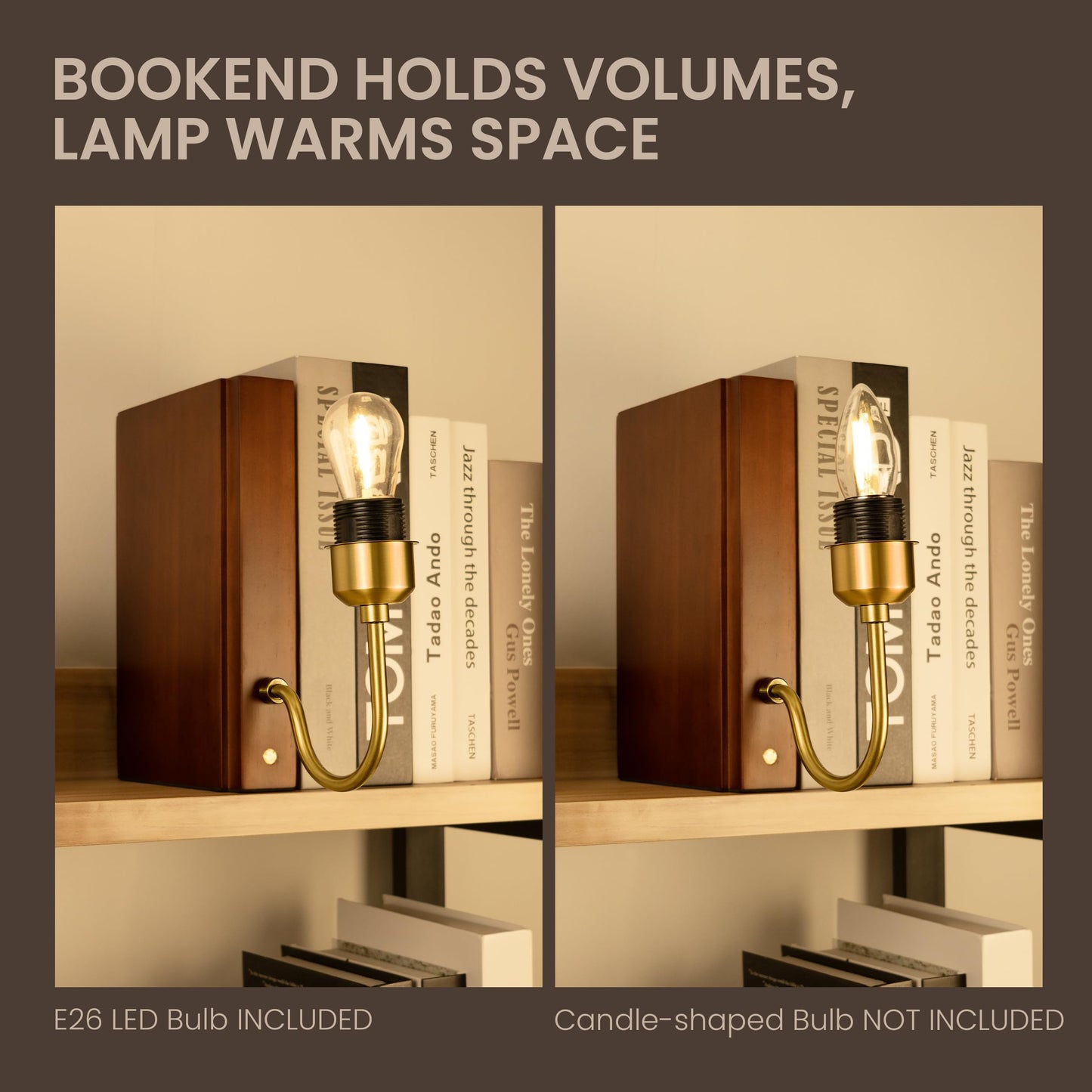 AELS Wooden Bookshelf Lamp with Bulb, Cordless Touch Dimmable Table Lamp with Linen Fabric Shade, Battery Operated, Modern Decorative Bookend, Book Sconce for Office Home Bedroom Bookshelf, Dark Brown