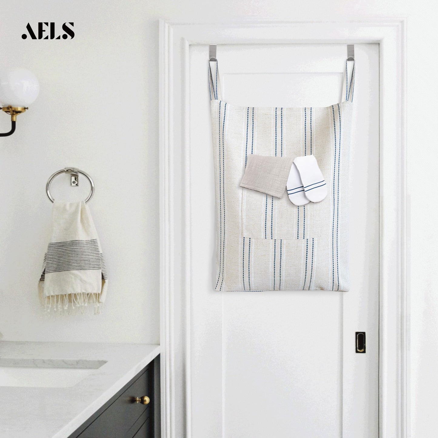 AELS Farmhouse Hanging Laundry Hamper with 2 Hooks, Washable Beige & Stripes Laundry Bag with Zipper & Wide Open Top, Over the Door Organizer for Dirty Clothes, Space Saving Storage