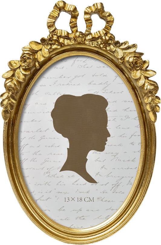 AELS 5x7 Inch Bow Vintage Picture Frame, Floral Rose Antique Oval Gold Photo Frames with Glass Front, Elegant Photo Display, Tabletop Wall Hanging, Gift Ideas