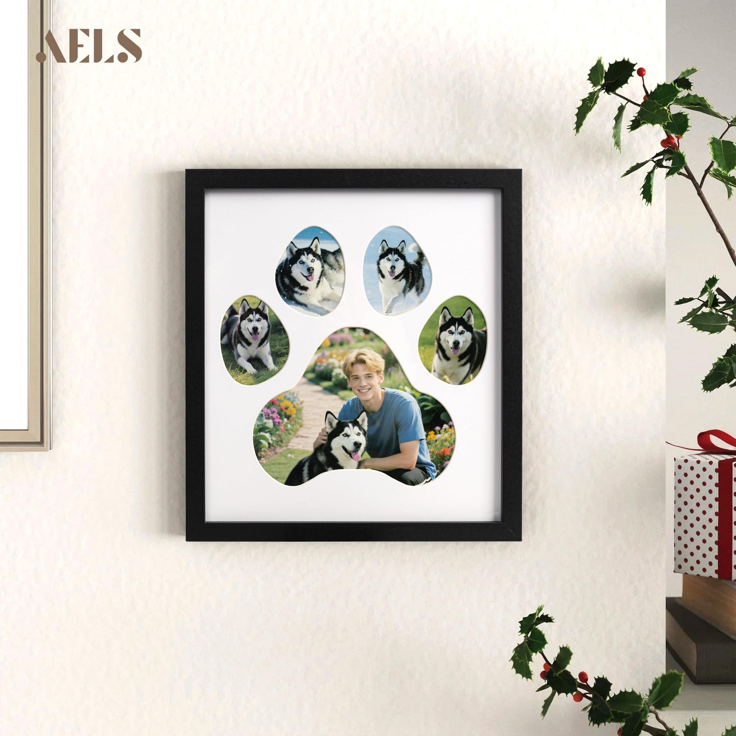 AELS Dog Paw Print Photo Collage Frame, Holds 5 Pictures of Pets & Owners, Ideal Gift for Dog Lovers Moms & Dads, Black Pet Memorial Keepsake and Wall Décor, 10.24" x 11.4"