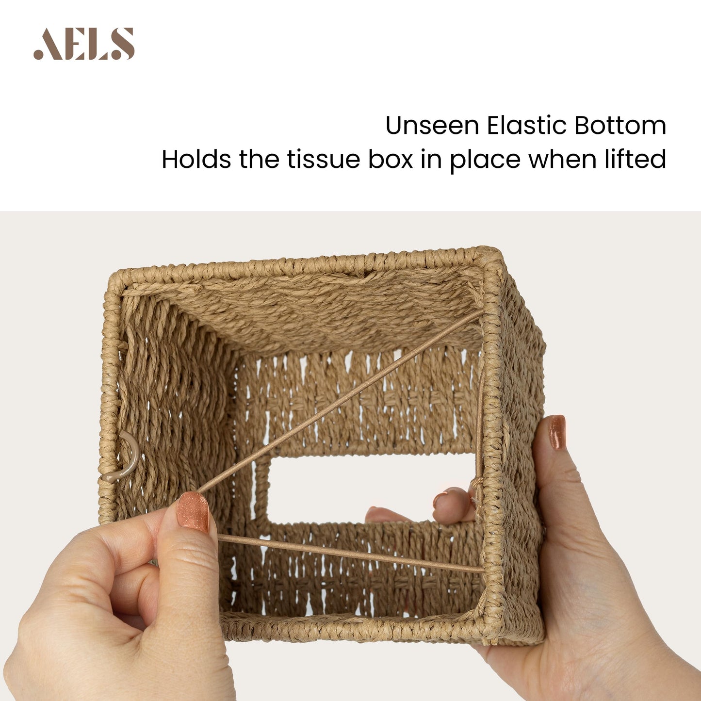 AELS Farmhouse Tissue Box Cover Square, Hand Woven Strawpaper Facial Tissue Paper Holder, Cute Tissue Box Holder Square, Boho Bathroom Decor Box for Tissues Cube Box w/Elastic Bottom, Beige