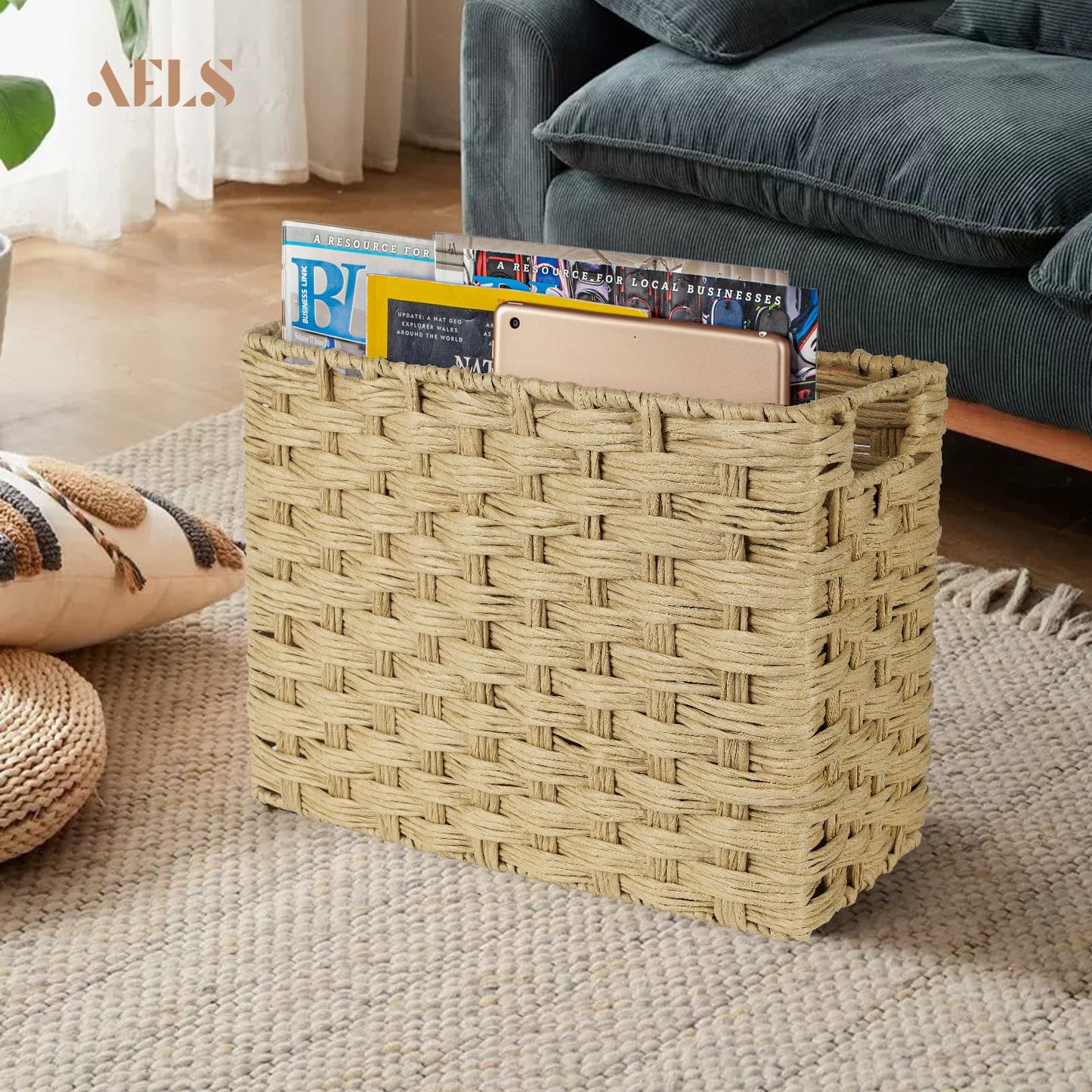 AELS Woven Natural Fibre Magazine Holder, Scalloped Edge Magazine Rack Floor, Hand-woven Magazine Organizer, Magazine Basket, Boho Modern Farmhouse Book Basket, File Newspaper Mail Holder for Office