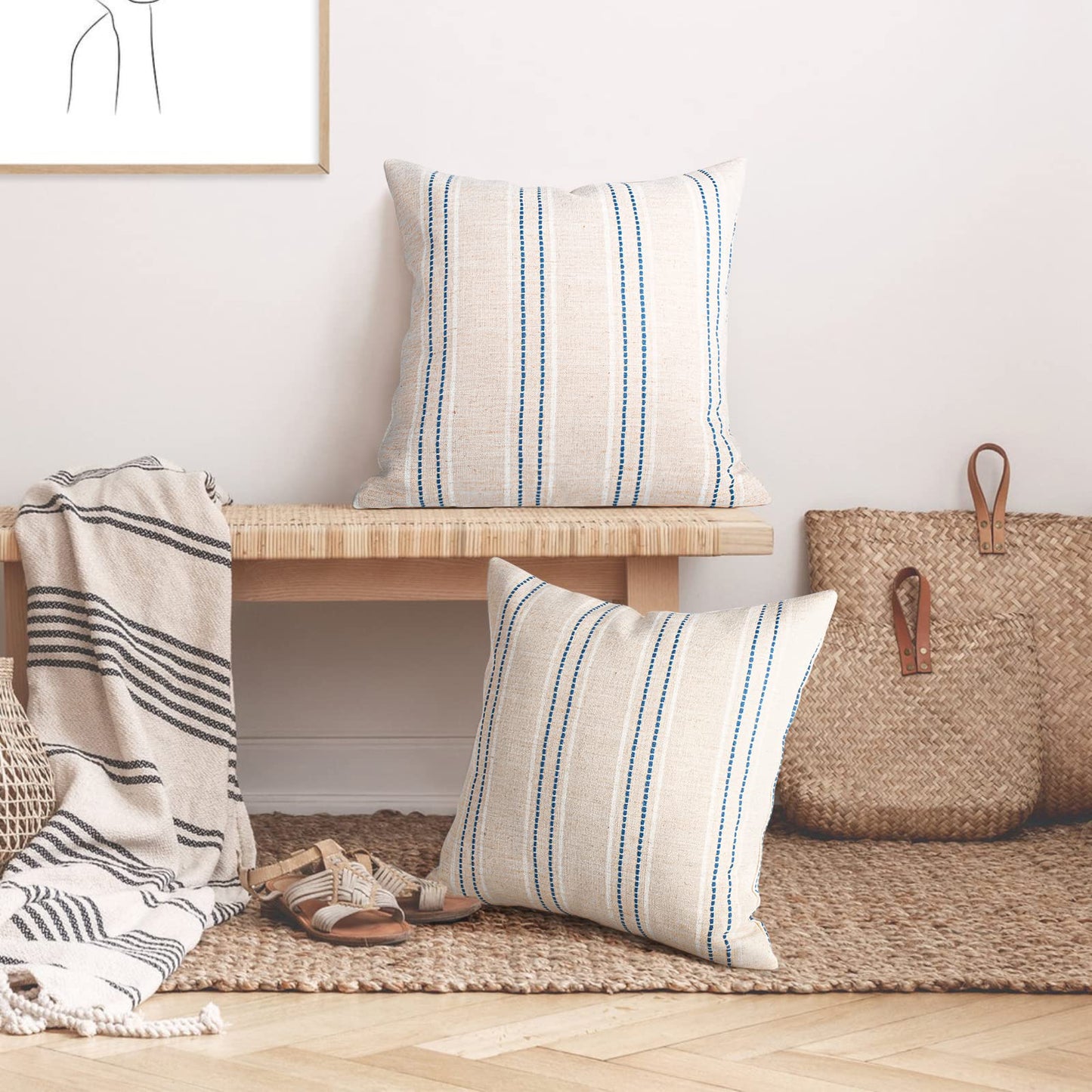 AELS 14x36 Decorative Lumbar Throw Pillow Covers, Farmhouse Linen Textured Long Pillow Case, Beige with White & Navy Blue Stitch Boho Cushion Cover for Couch Living Room (Cover ONLY)