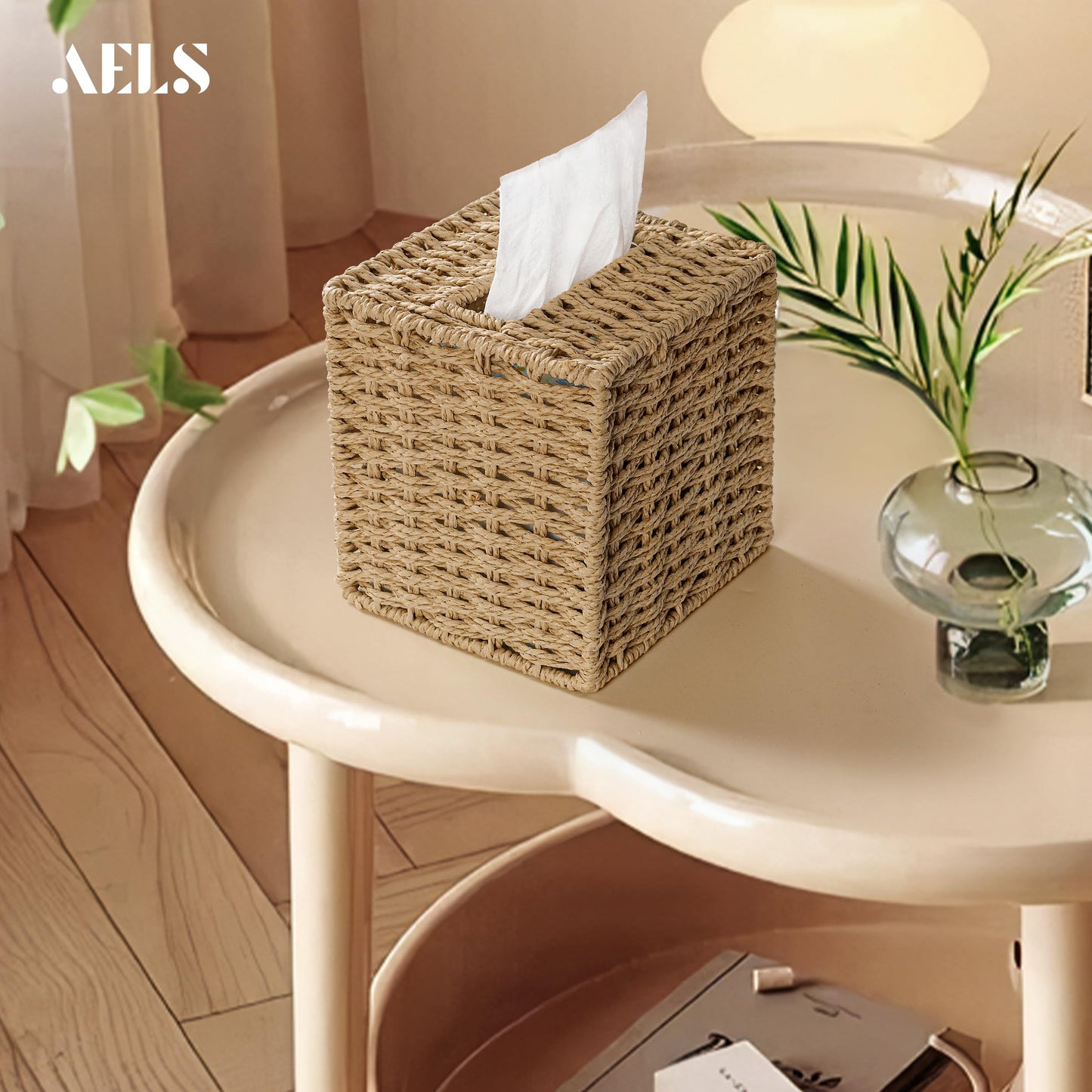 AELS Farmhouse Tissue Box Cover Square, Hand Woven Strawpaper Facial Tissue Paper Holder, Cute Tissue Box Holder Square, Boho Bathroom Decor Box for Tissues Cube Box w/Elastic Bottom, Beige