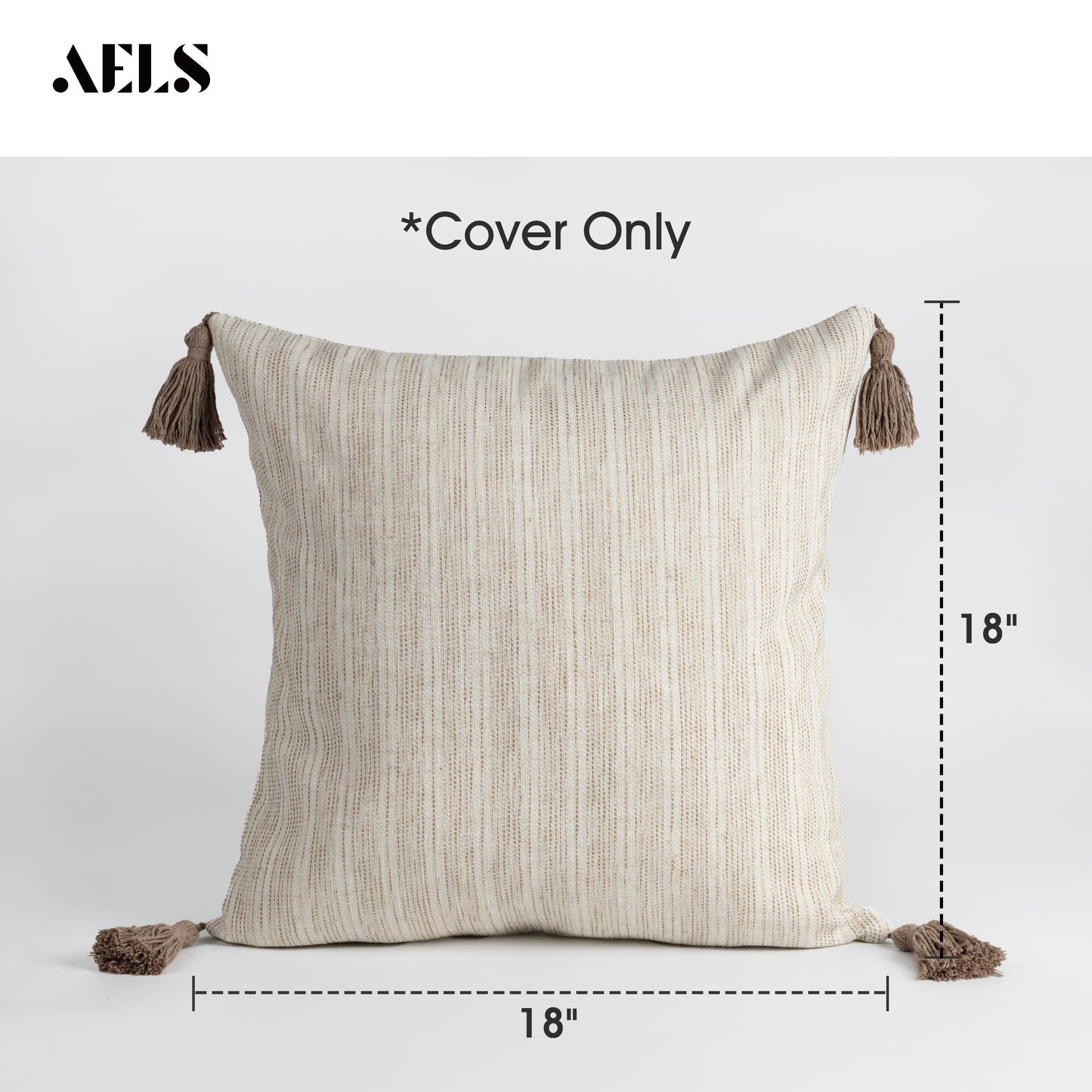 AELS 18x18 Decorative Farmhouse Linen Throw Pillow Covers with Tassels, Boho Textured Pillow Case, Set of 2, Beige with Ombre Blue Stitch Yarn Dyed Stripe Cushion Cover (Cover ONLY)