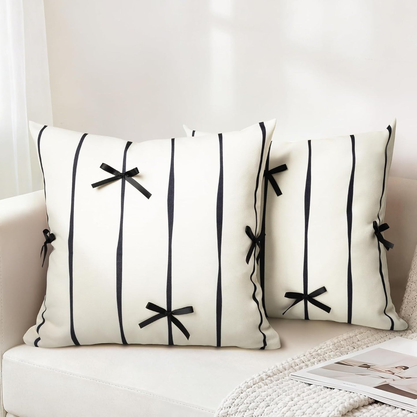 AELS Pink Bow Striped Decorative Valentine Throw Pillow Covers 18x18, Set of 2, Bowknot Pillow Case, Cute Cushion Case for Bed Couch Sofa, Pink and White Stripes, Covers Only