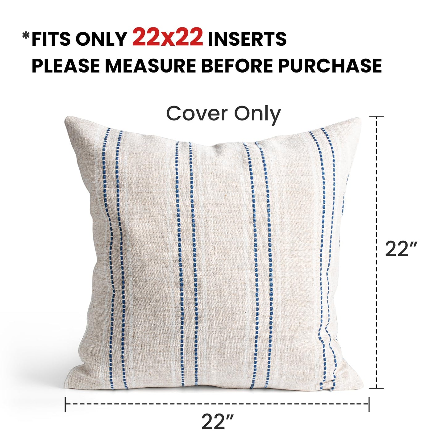 AELS 14x36 Decorative Lumbar Throw Pillow Covers, Farmhouse Linen Textured Long Pillow Case, Beige with White & Navy Blue Stitch Boho Cushion Cover for Couch Living Room (Cover ONLY)