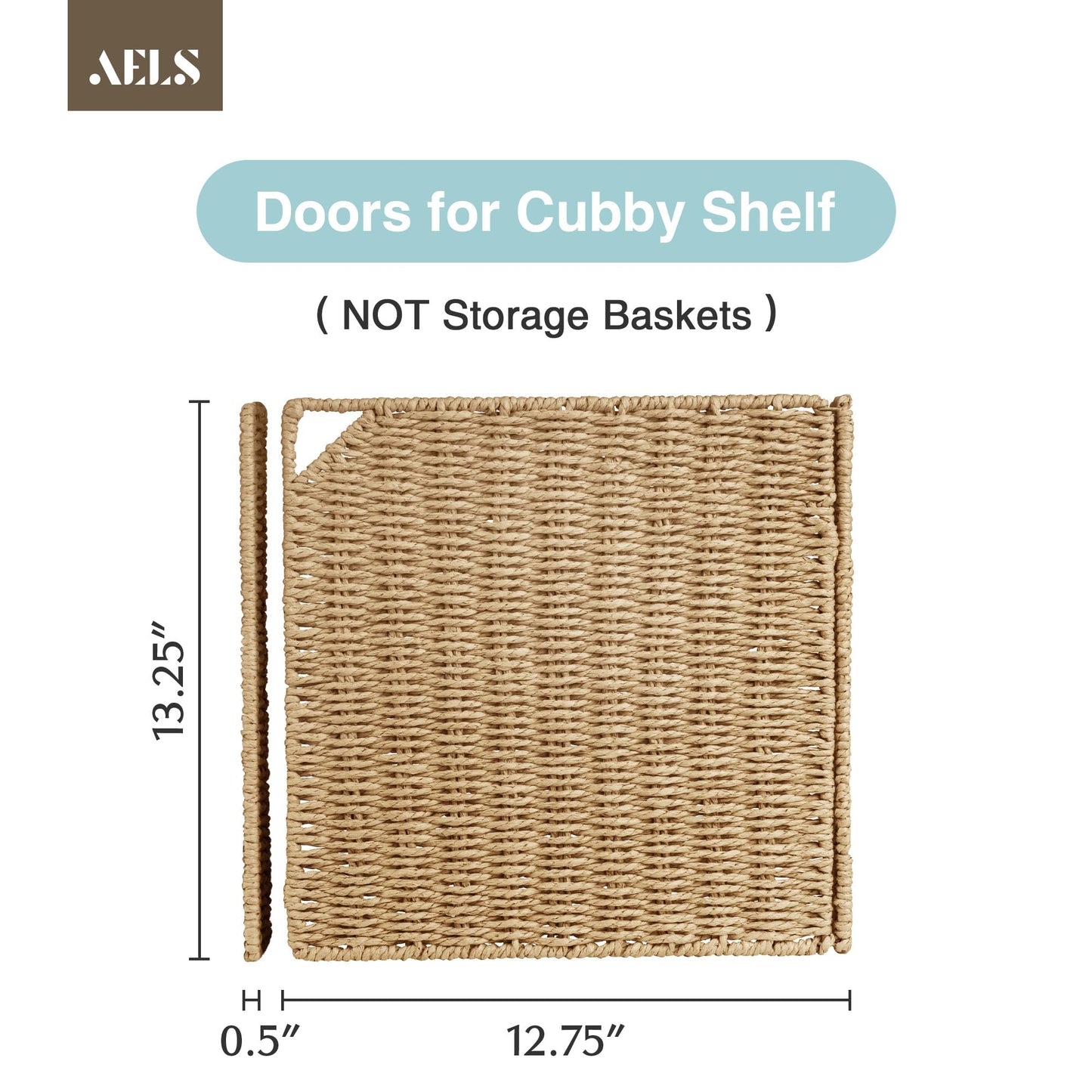 AELS 13" Handwoven Natural Fibre Doors for Cube Storage Shelf, Set of 4, Boho Straw Shelf Cover for Bookcase & Open Bookshelf, Rustic Farmhouse Home Decor, fit IKEA Kallax Shelf, Beige (Door ONLY)