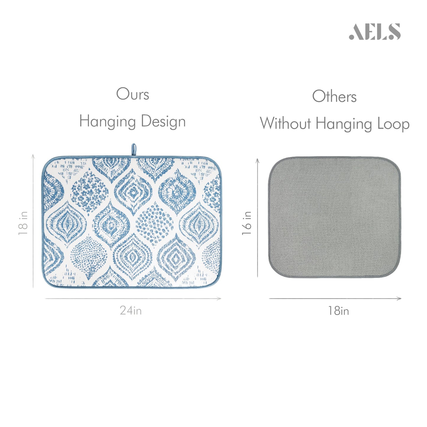 AELS XL 24" x 18" Scalloped Dish Drying Mat, Set of 2, for Kitchen Counter, Sage Green Absorbent Microfiber Dish Drainer/Rack Pads with Hanging Loop