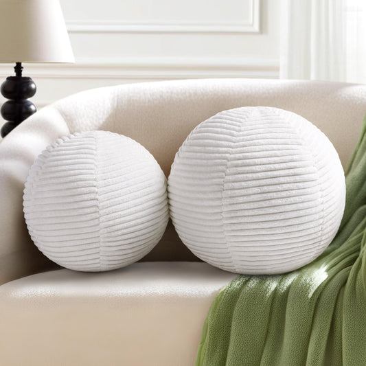 AELS Round Decorative Throw Pillows, Set of 2, 11.8"& 10" Corduroy Striped Ball Pillow Set for Couch Sofa Living Room Bedroom Nursery Decor, Mid Century Modern Home Decor, Cream White