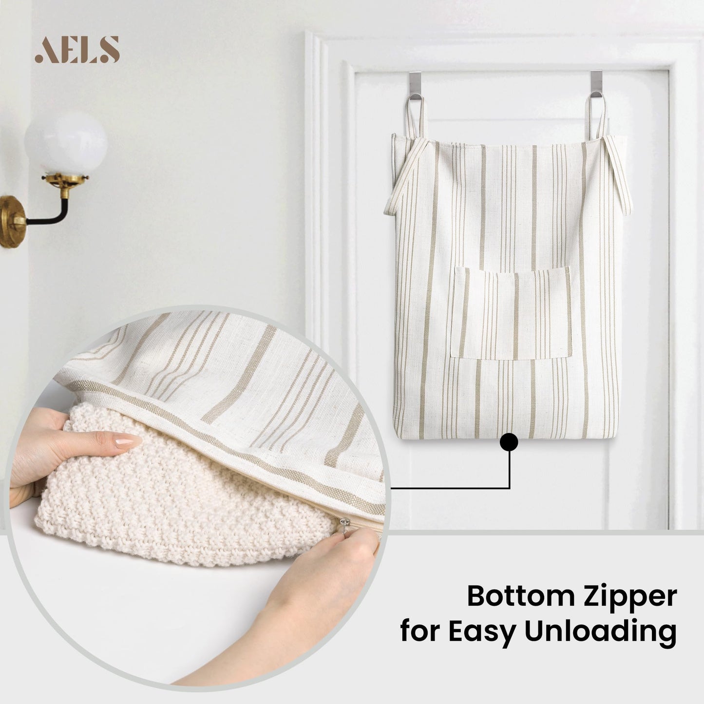 AELS Farmhouse Hanging Laundry Hamper with 2 Hooks, Washable Beige & Stripes Laundry Bag with Zipper & Wide Open Top, Over the Door Organizer for Dirty Clothes, Space Saving Storage