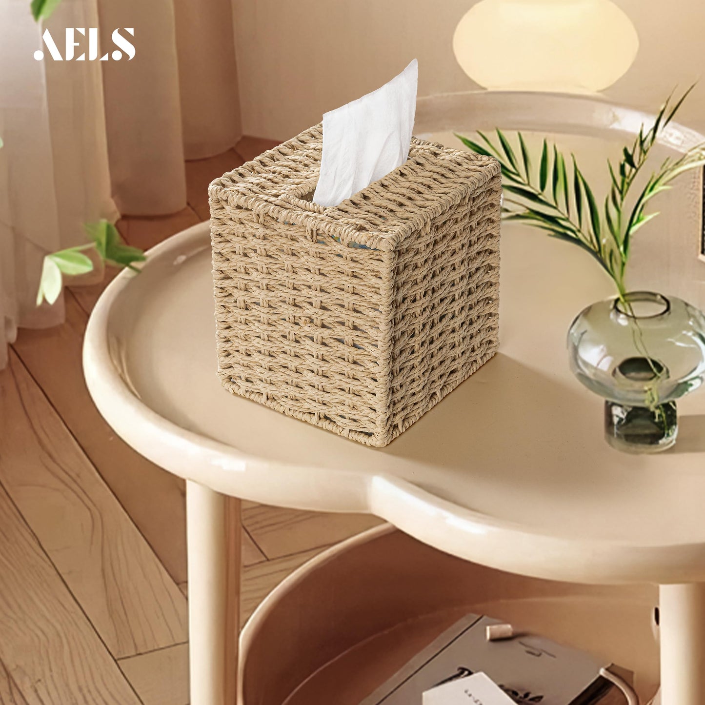 AELS Farmhouse Tissue Box Cover Square, Hand Woven Strawpaper Facial Tissue Paper Holder, Cute Tissue Box Holder Square, Boho Bathroom Decor Box for Tissues Cube Box w/Elastic Bottom, Beige