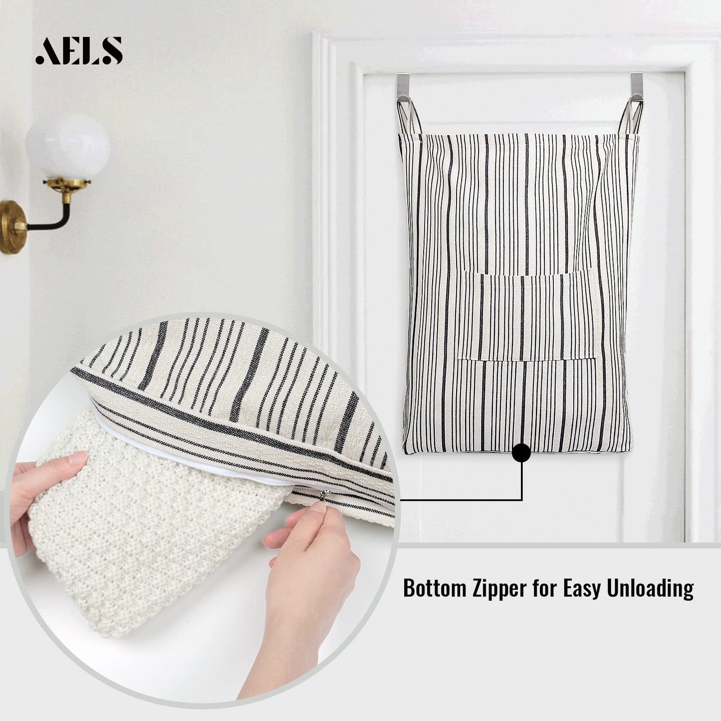 AELS Farmhouse Hanging Laundry Hamper with 2 Hooks, Washable Beige & Stripes Laundry Bag with Zipper & Wide Open Top, Over the Door Organizer for Dirty Clothes, Space Saving Storage