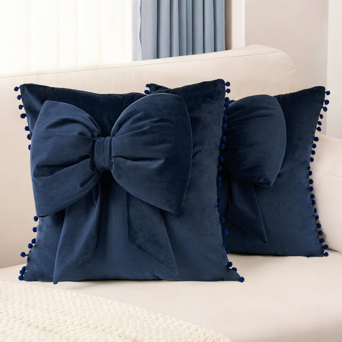 AELS Bow Pillow Cover, 18x18 Bow Decorative Set of 2, Velvet Bowknot Pillow Cover with Pom-poms for Valentine's Day, Wedding, Christmas, Living Room, Bedroom, Nursery Decor, Navy Blue