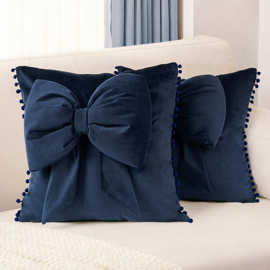 AELS Bow Pillow Cover, 18x18 Bow Decorative Set of 2, Velvet Bowknot Pillow Cover with Pom-poms for Valentine's Day, Wedding, Christmas, Living Room, Bedroom, Nursery Decor, Navy Blue
