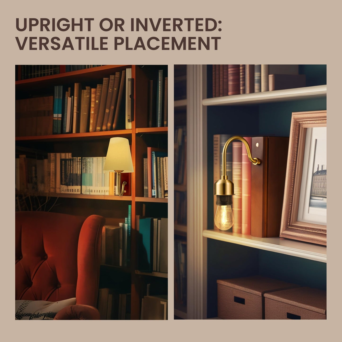 AELS Wooden Bookshelf Lamp with Bulb, Cordless Touch Dimmable Table Lamp with Linen Fabric Shade, Battery Operated, Modern Decorative Bookend, Book Sconce for Office Home Bedroom Bookshelf, Dark Brown