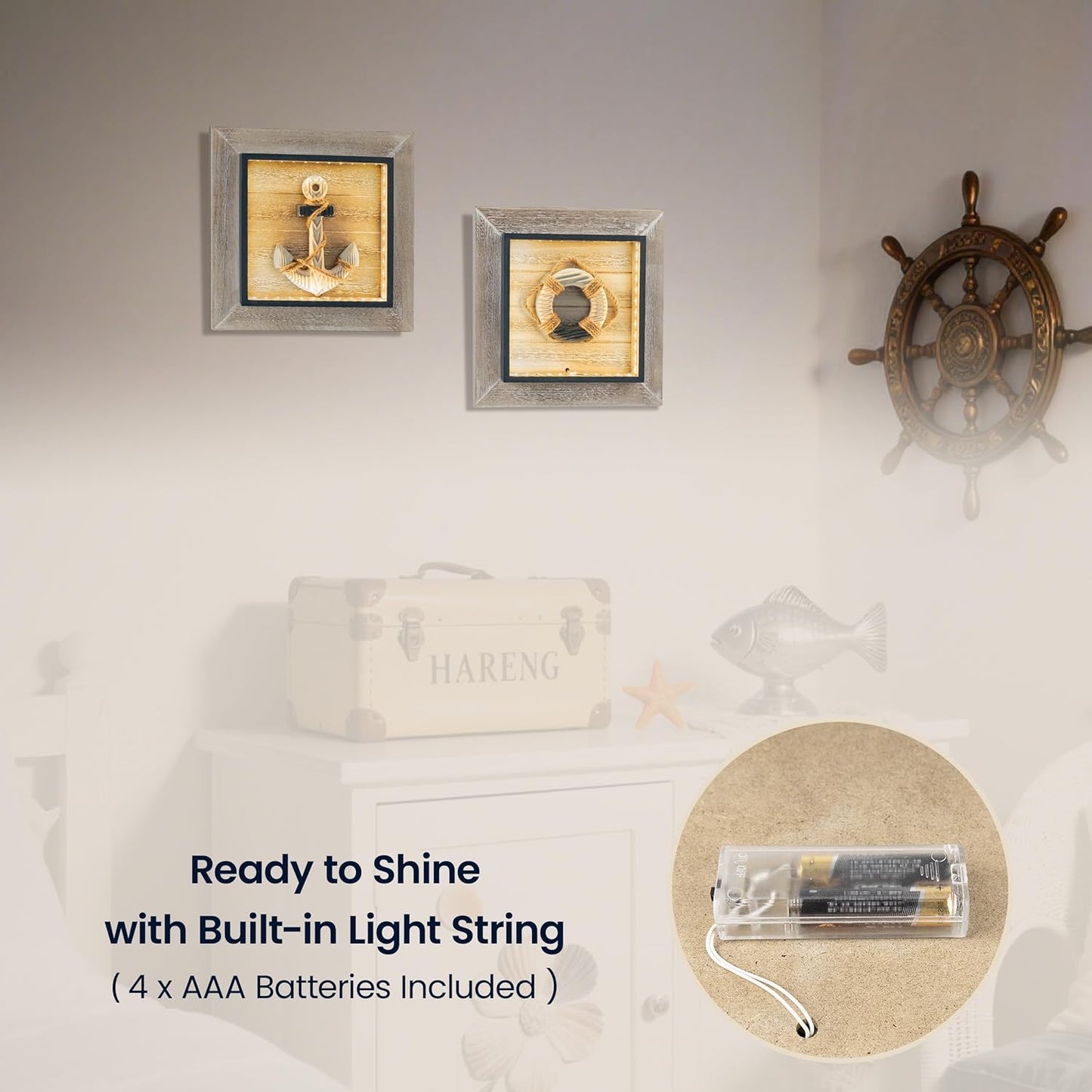 AELS 11.4" Large Wooden 3D Ocean Theme Wall Art Decor with LED Light, Rustic Nautical Wall Decor Framed Set of 2, Farmhouse Coastal Wall Art Sculpture, Shabby Chic Home Decor, Anchor & Life Ring