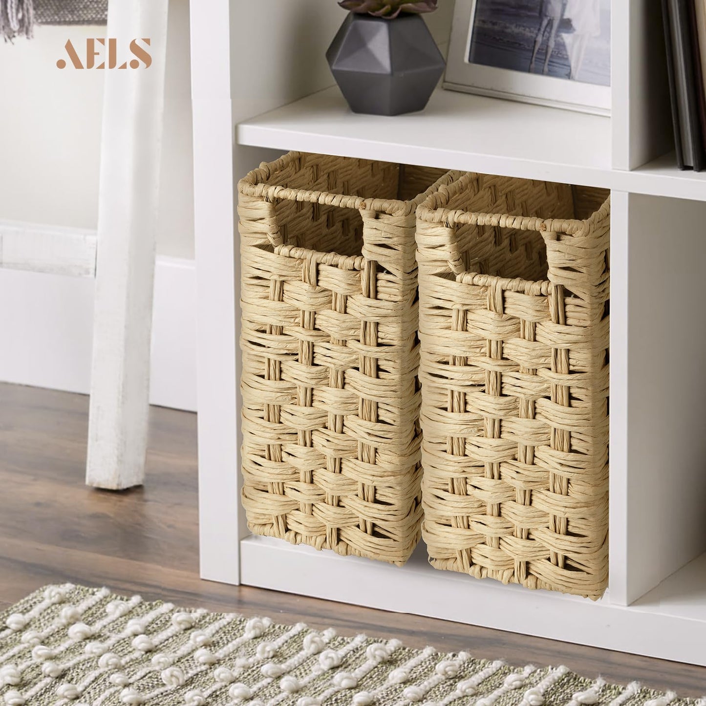 AELS Woven Natural Fibre Magazine Holder, Scalloped Edge Magazine Rack Floor, Hand-woven Magazine Organizer, Magazine Basket, Boho Modern Farmhouse Book Basket, File Newspaper Mail Holder for Office