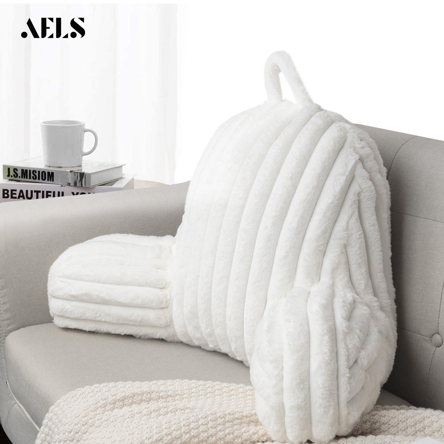 AELS Large Reading Pillow Replacement Cover with Arms and Pockets (Cover ONLY), 18" Soft Faux Fur Striped Backrest Pillow Cover Fits Standard Size Reading Pillows, Gray